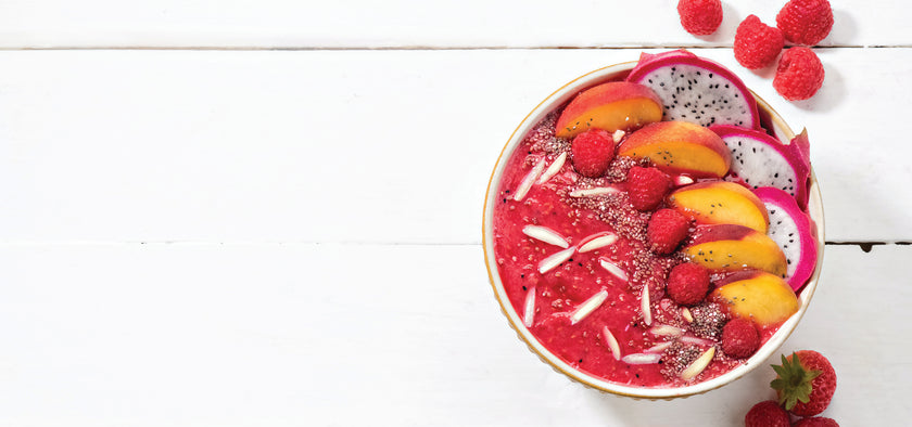 Raspberry, Dragon Fruit, And Peach Smoothie Bowl