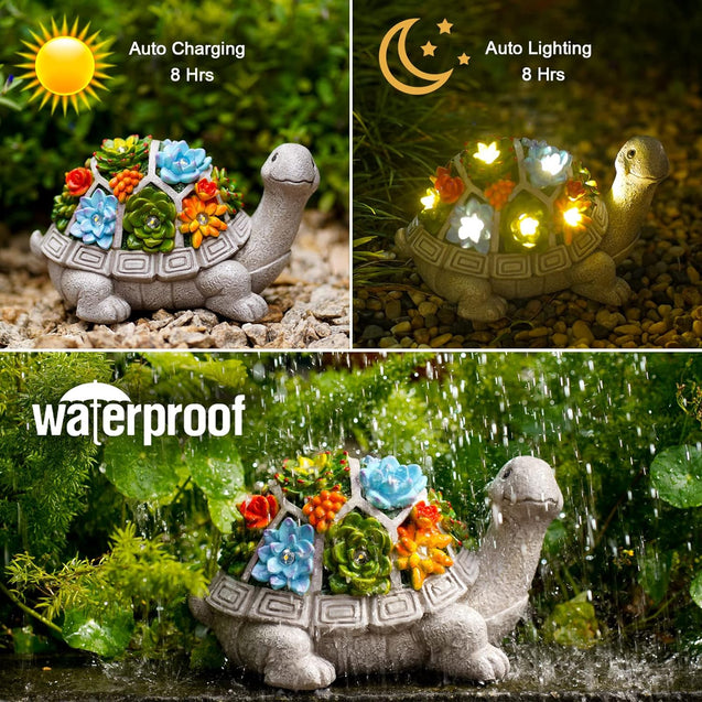 Nacome Solar Garden Outdoor Statues Turtle with Succulent and LED Lights