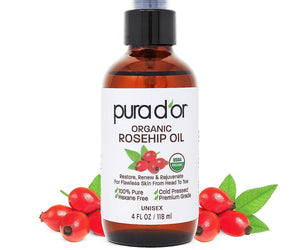 PURA D'OR Organic Rosehip Seed Oil, 4 Oz or Anti-Aging, Acne Scar Treatment, Gua Sha Massage, Face, Hair & Skin