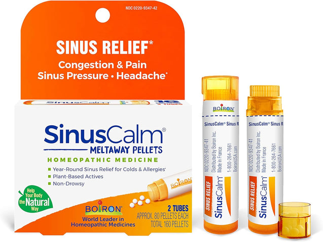 Boiron SinusCalm & ThroatCalm On The Go Pellets for Sinus Pain Relief, Runny Nose, Congestion, Headache, Red, Dry, Scratchy, Sore Throats and Hoarseness - 2 Count (160 Pellets)