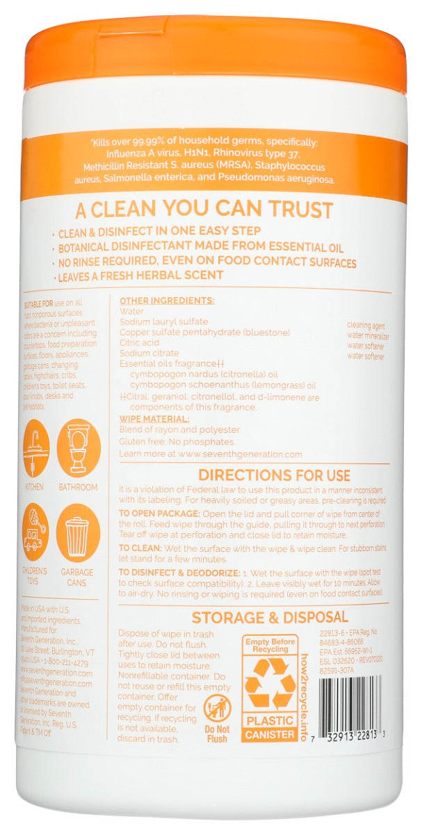 Seventh Generation: Disinfecting Wipes Lemongrass Citrus Scent, 70 Wipes