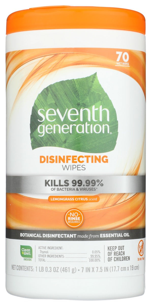 Seventh Generation: Disinfecting Wipes Lemongrass Citrus Scent, 70 Wipes