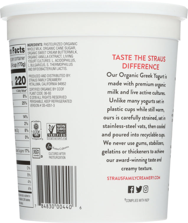 Straus: Organic Whole Milk Greek Vanilla Yogurt, 32 Oz