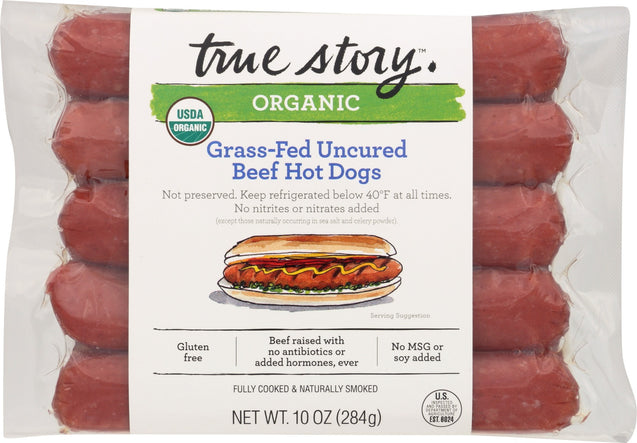 True Story: Organic Grass Fed Uncured Beef Hot Dogs, 10 Oz