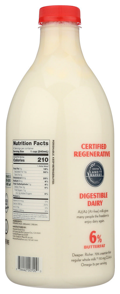 Alexandre Family Farm: Organic A2a2 Cream Top Whole Milk, 48 Fo