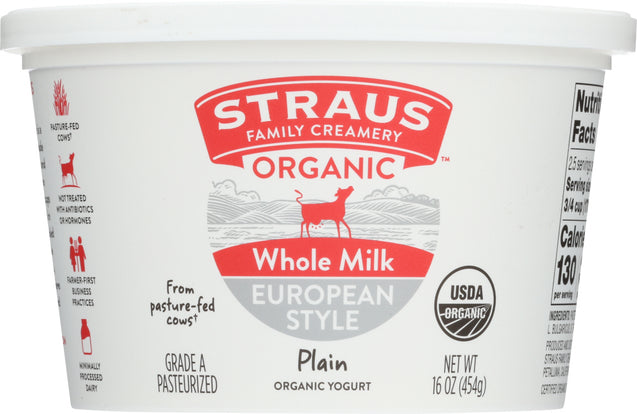 Straus: Organic Whole Milk Plain European Style Yogurt, 16 Oz