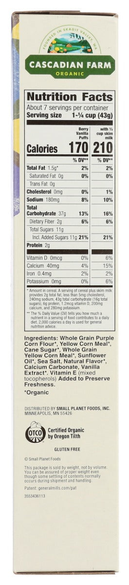 Cascadian Farm: Berry Vanilla Puffs Cereal, 10.25 Oz