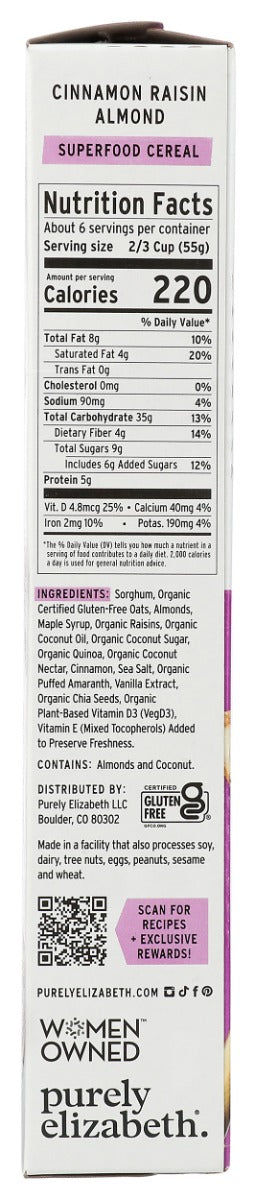 Purely Elizabeth: Cinnamon Raisin Almond Superfood Cereal With Vitamin D, 11 Oz