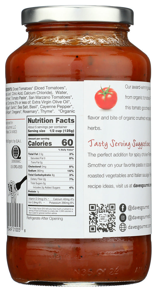 Dave's Gourmet: Organic Pasta Sauce Spicy Heirloom Marinara, 25.5 Oz