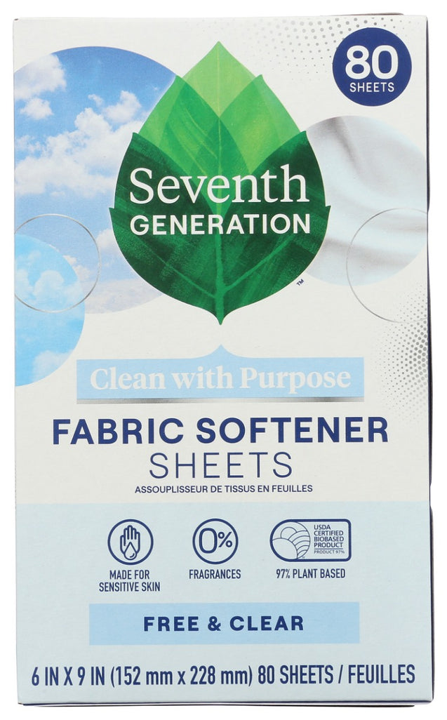 Seventh Generation: Fabric Softener Sheets Free And Clear, 80 Pc