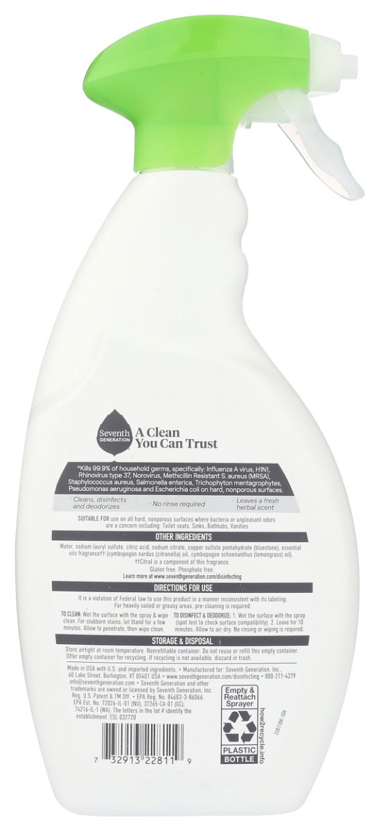 Seventh Generation: Lemongrass Citrus Scent Disinfecting Bathroom Cleaner, 26 Oz