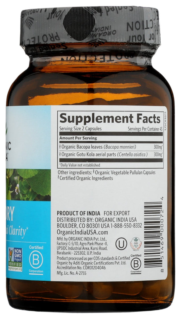 Organic India: Memory Gotu Kola And Bacopa Supplement, 90 Cp