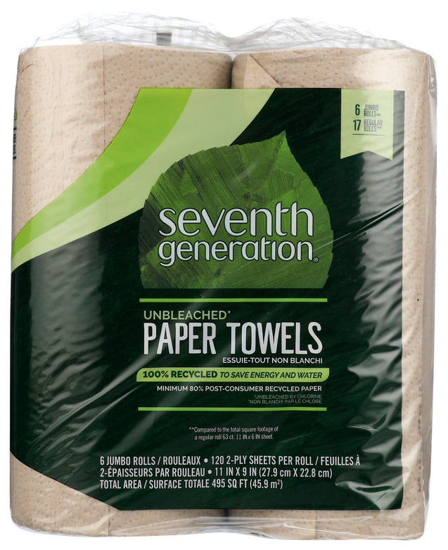 Seventh Generation: 100 Percent Recycled Paper Towels Unbleached 6rolls 2ply, 1 Ea