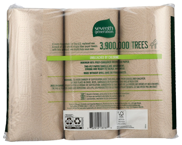 Seventh Generation: 100 Percent Recycled Paper Towels Unbleached 6rolls 2ply, 1 Ea