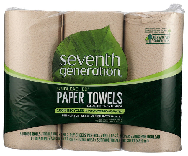 Seventh Generation: 100 Percent Recycled Paper Towels Unbleached 6rolls 2ply, 1 Ea