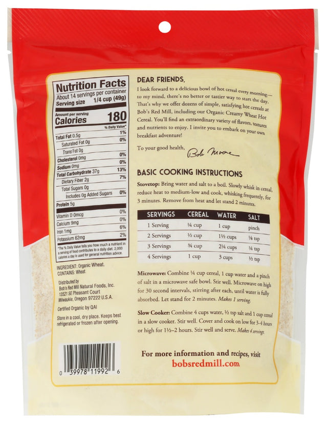 Bobs Red Mill: Hot Cereal Farina Wheat Organic, 24 Oz