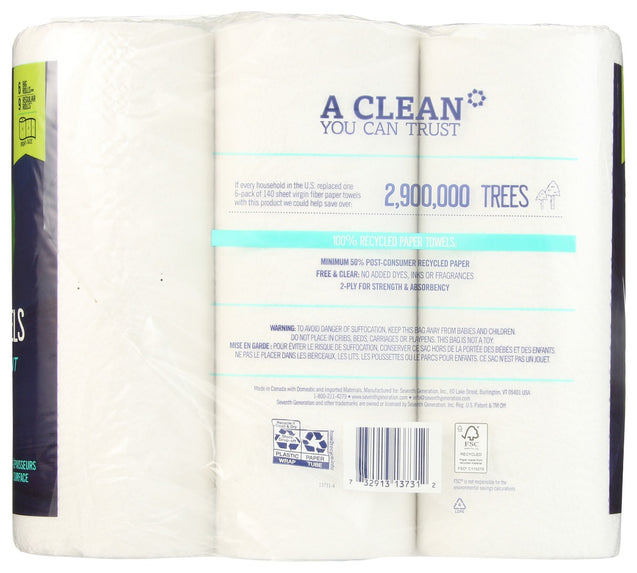 Seventh Generation: 100 Recycled Paper Towels 6 Rolls Unbleached, 1 Ea