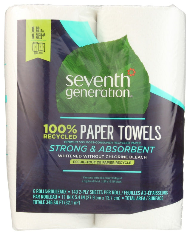 Seventh Generation: 100 Recycled Paper Towels 6 Rolls Unbleached, 1 Ea