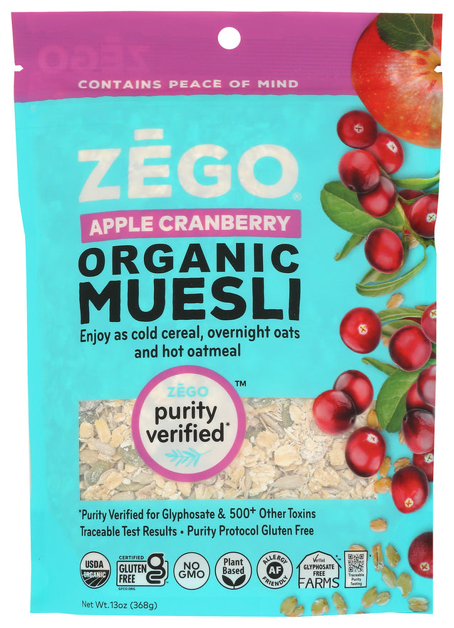 Zego: Organic Gluten Free Nut Free Muesli Apple Cranberry, 13 Oz