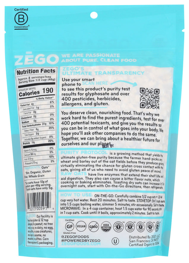 Zego: Organic Raw Gluten Free Double Protein Oats, 14 Oz