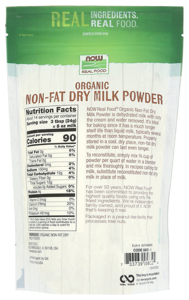 Now: Organic Non Fat Dry Milk Powder, 12 Oz