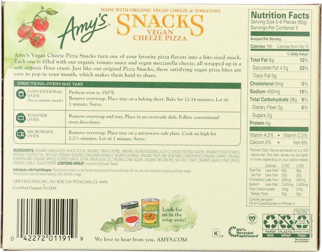 Amys: Vegan Cheeze Pizza Snack, 6 Oz - RubertOrganics