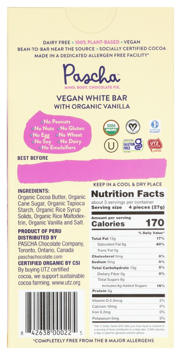 Pascha: Organic Vegan White Bar Vanilla, 2.82 Oz