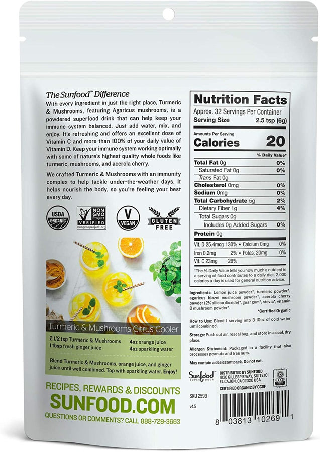 Sunfood Superfoods: Turmeric & Mushhroom Powder Organic, 6.8 Oz