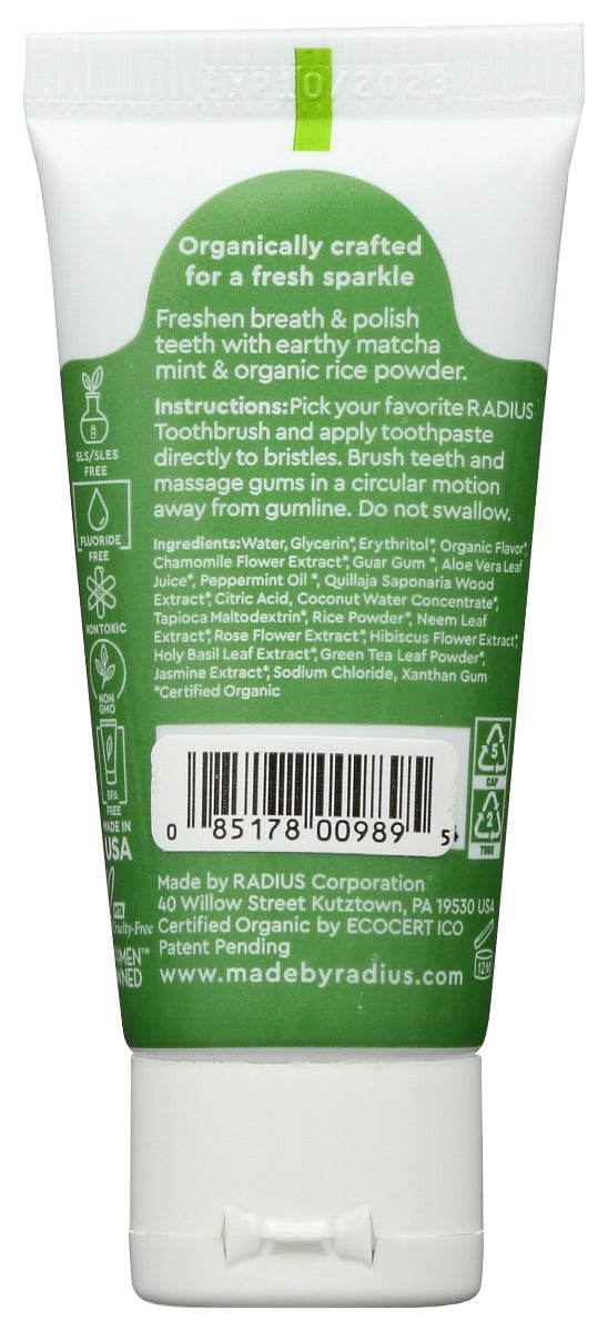 Radius: Matcha Mint Organic Toothpaste, 0.8 Oz