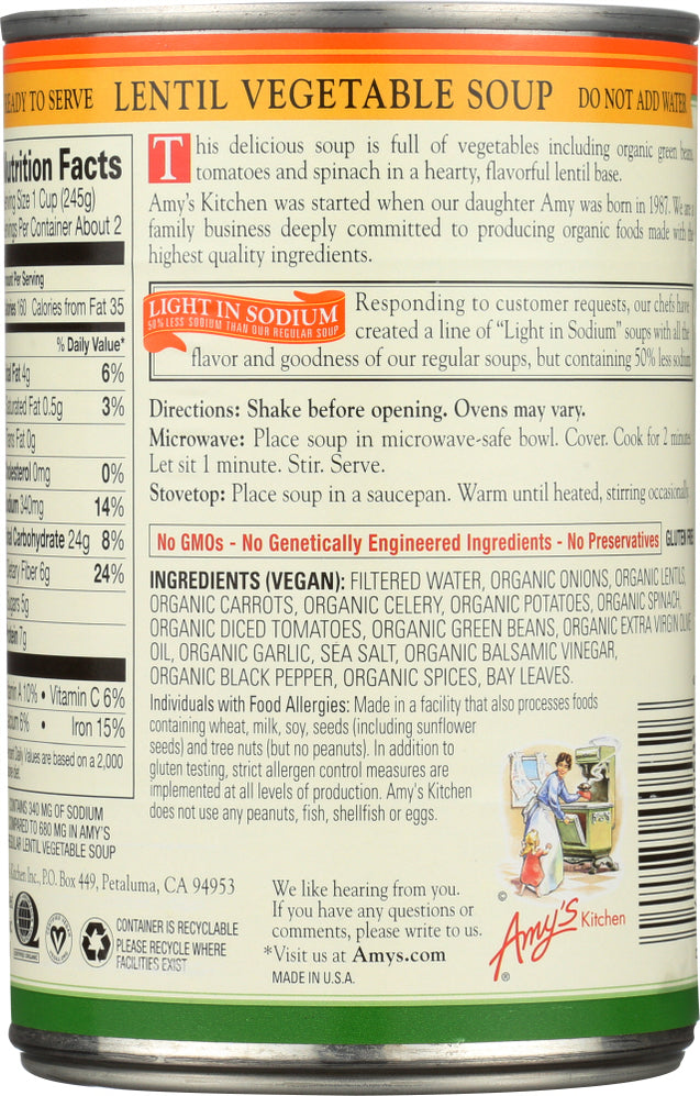 Amy's: Organic Soup Light In Sodium Lentil Vegetable, 14.5 Oz