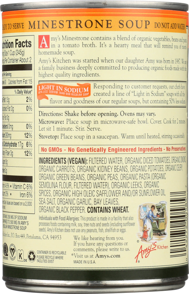 Amy's: Organic Soup Low Fat Minestrone Light In Sodium, 14.1 Oz