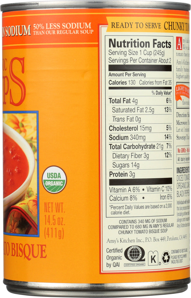 Amy's: Organic Soup Chunky Tomato Bisque Light In Sodium, 14.5 Oz