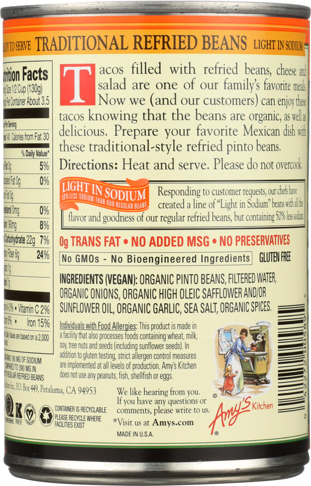 Amy's: Organic Refried Beans Traditional Light In Sodium, 15.4 Oz