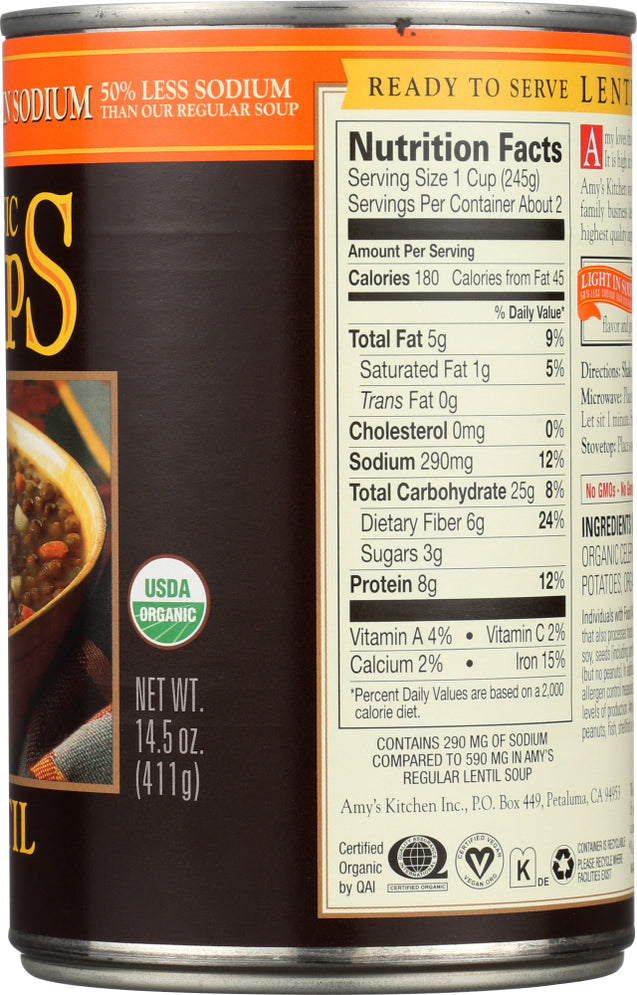 Amy's: Organic Soup Lentil Light In Sodium, 14.5 Oz