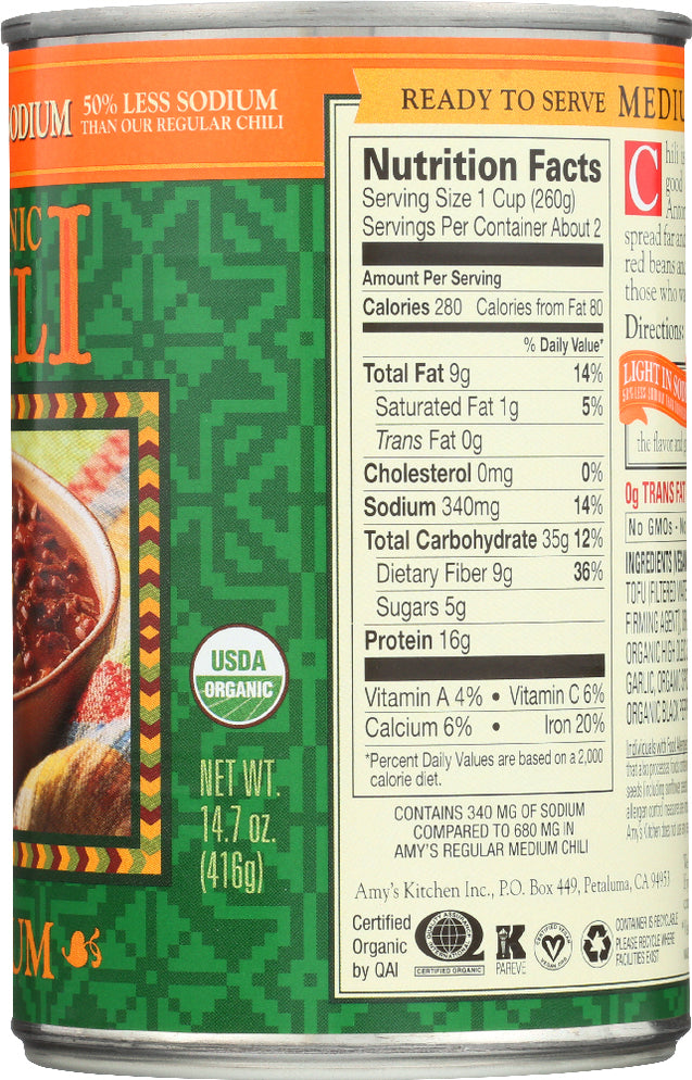 Amy's: Organic Chili Light In Sodium Medium, 14.7 Oz