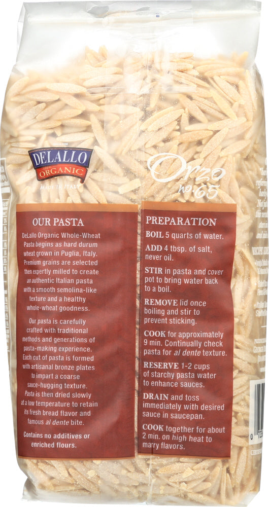 Delallo: Orzo No. 65 100% Organic Whole Wheat Pasta, 16 Oz