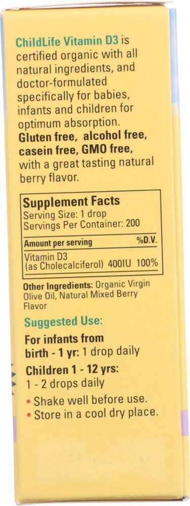 Childlife: Essentials Organic Vitamin D3 Drops Berry Flavor 400 Iu, 0.338 Oz - RubertOrganics