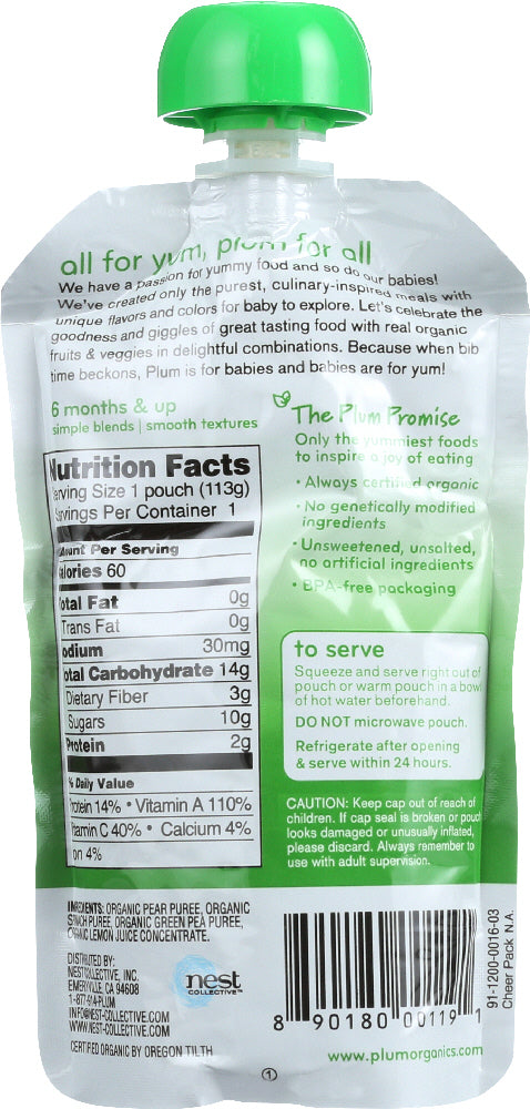 Plum Organics: Organic Baby Food Stage 2 Spinach Peas & Pear, 4 Oz