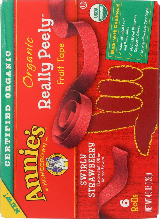 Annie's Homegrown: Organic Swirly Strawberry Really Peely Fruit Tape 6 Rolls, 4.5 Oz - RubertOrganics
