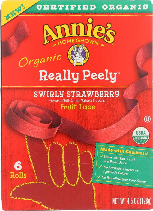 Annie's Homegrown: Organic Swirly Strawberry Really Peely Fruit Tape 6 Rolls, 4.5 Oz - RubertOrganics
