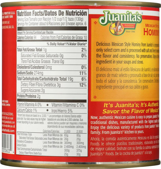 Juanita's Foods: Mexican Style Hominy, 25 Oz - RubertOrganics