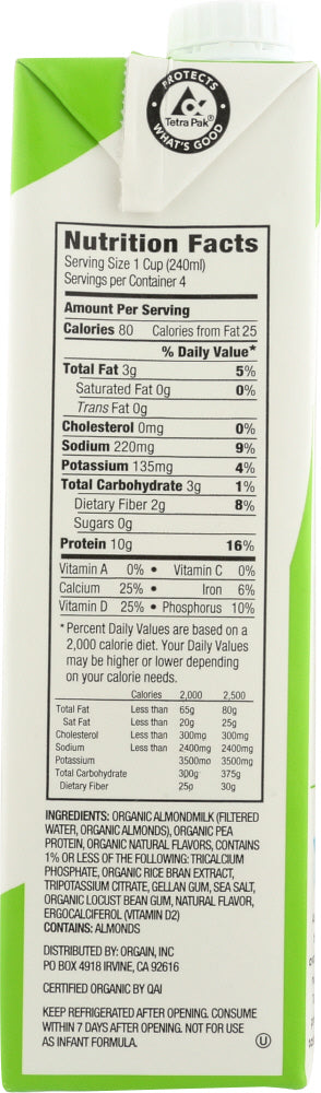 Orgain: Organic Protein Almond Milk Unsweetened Vanilla, 32 Oz