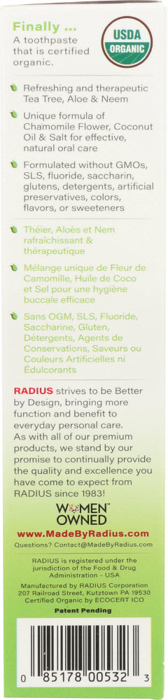 Radius: Toothpaste Mint Aloe Neem Organic, 3 Oz