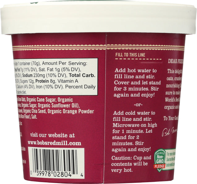 Bobs Red Mill: Organic Oatmeal Cup Cranberry Orange, 2.47 Oz