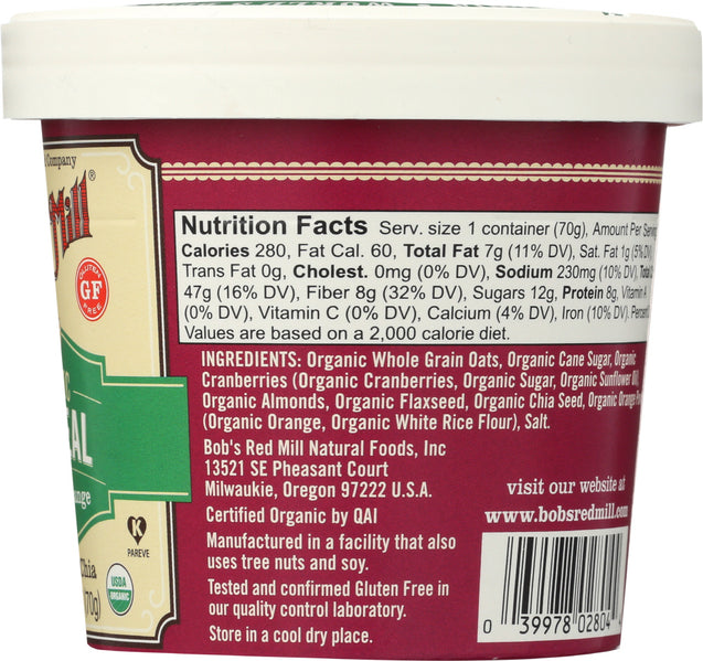 Bobs Red Mill: Organic Oatmeal Cup Cranberry Orange, 2.47 Oz