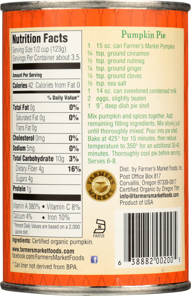 Farmers Market Foods: Organic Canned Pumpkin, 15 Oz