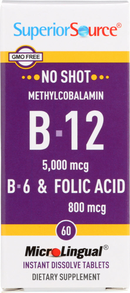 Superior Source: No Shot Methylcobalamin B-12 5000mcg B-6 & Folic Acid 800mcg, 60 Tb