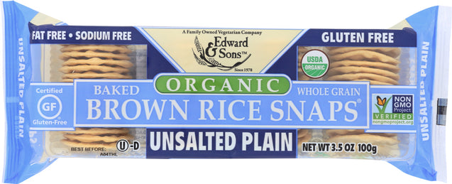 Edward & Sons: Organic Baked Brown Rice Snaps Unsalted Plain, 3.5 Oz