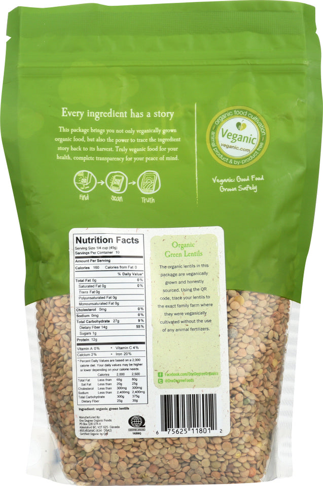 One Degree: Organic Green Lentils, 16 Oz