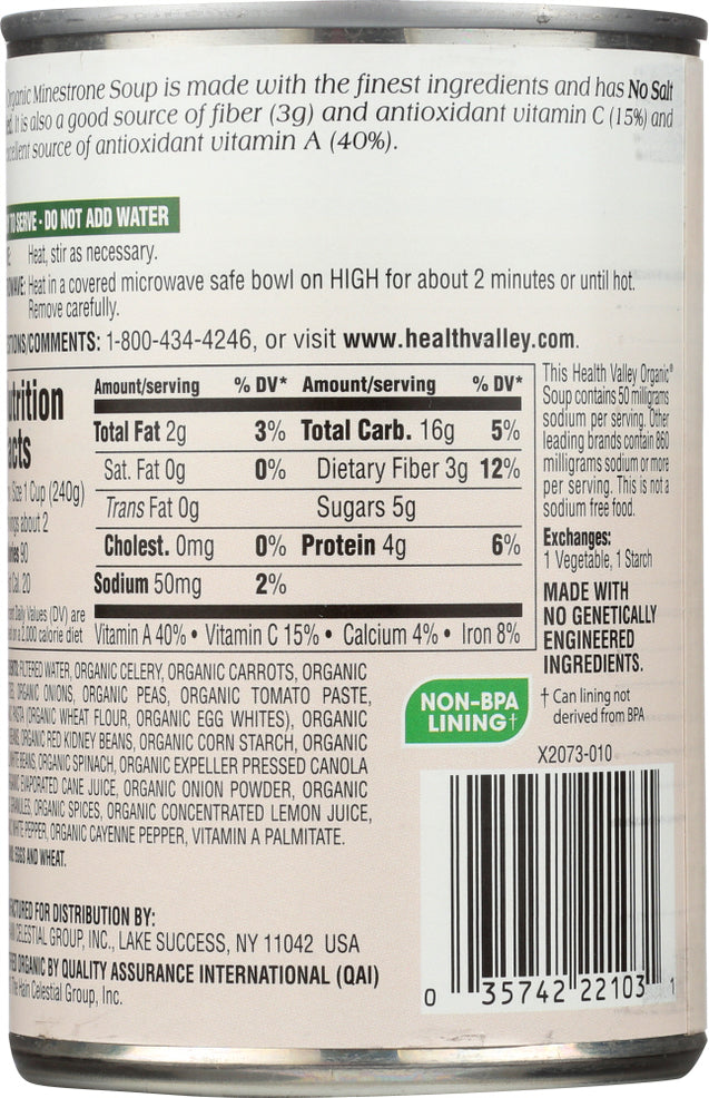Health Valley: Organic Minestrone Soup No Salt Added, 15 Oz